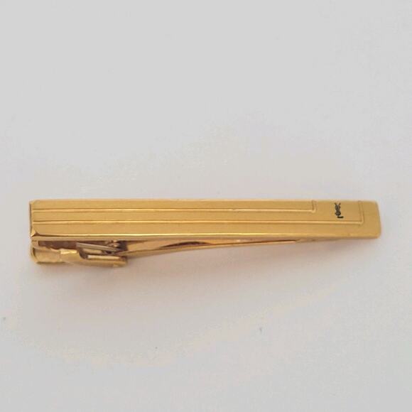 YSL Yves Saint Laurent Tie Bar Clip Clasp Gold Silver Tone 2in Logo Vintage - Picture 1 of 7